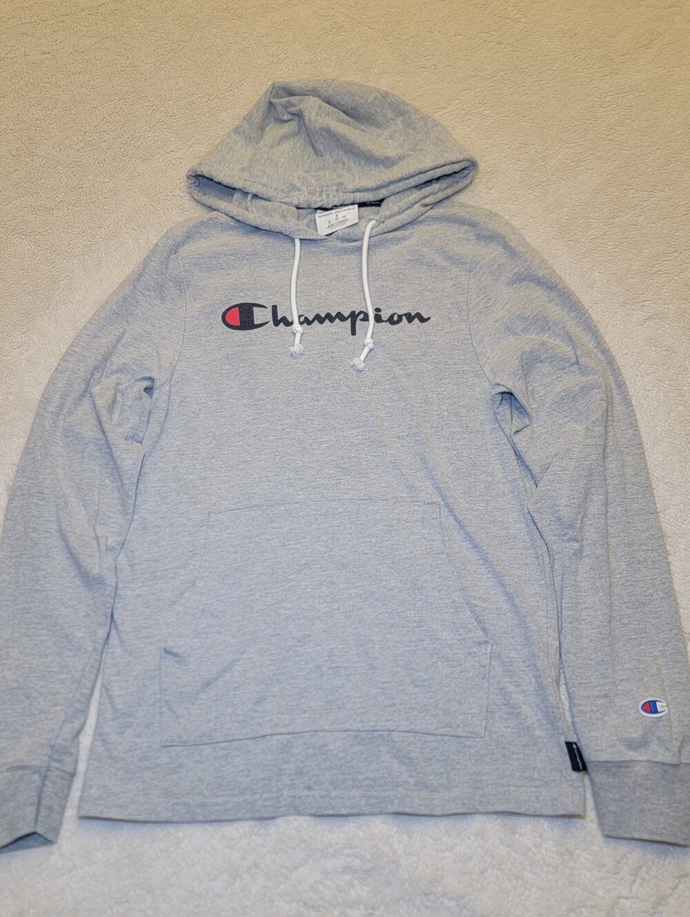 Champion Men's Lightweight Pullover Hooded Shirt Heather Grey Script Logo Size S